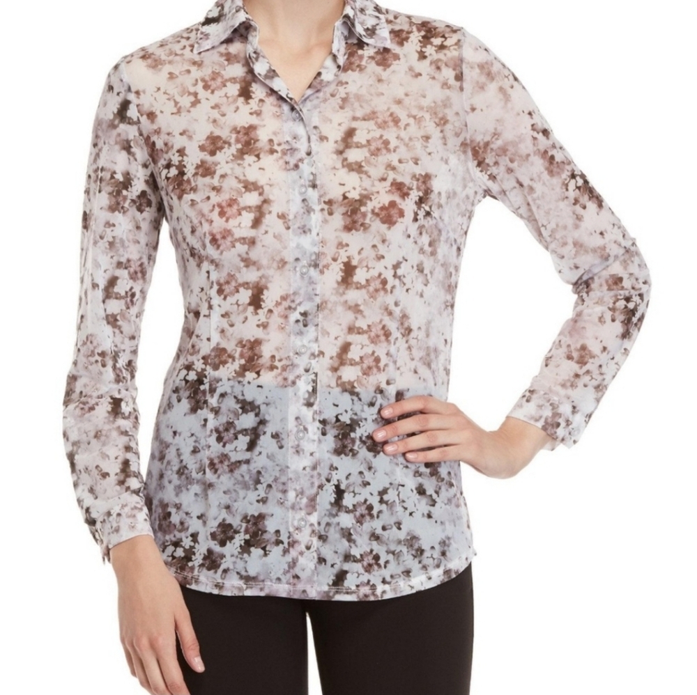 Anatomie Sheer Floral Print Button-Front Blouse in White and Brown